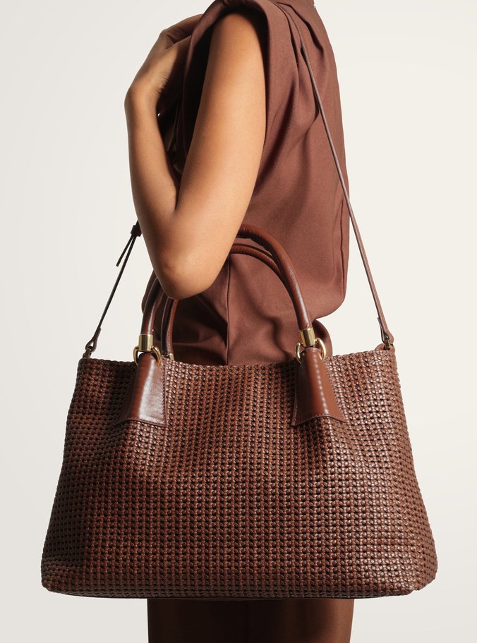 Bolsa Tote Marrom Couro Média Tressê
