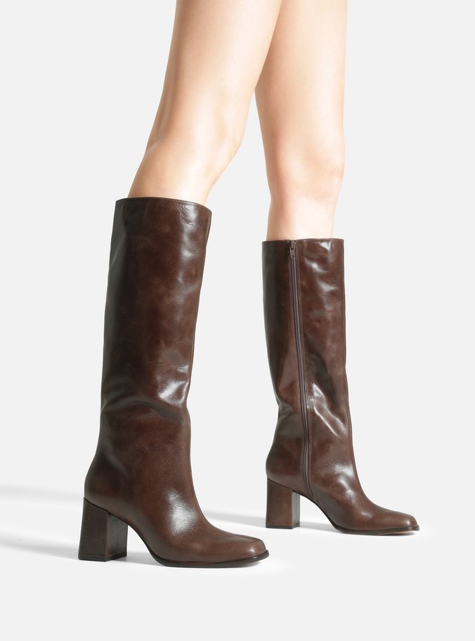 Bota Marrom Escura Couro Cano Longo Bloco Montaria