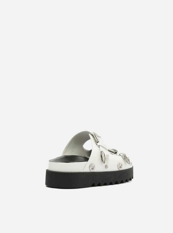 Sandália Branca Couro Flatform Fivelas Metais