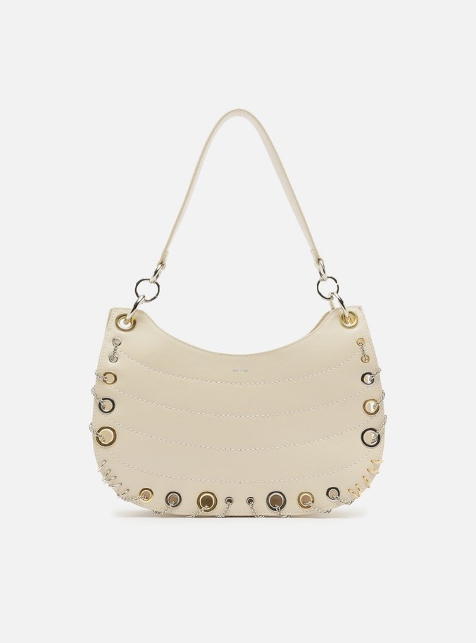 Bolsa Hobo Branca Couro Média Costuras Metais