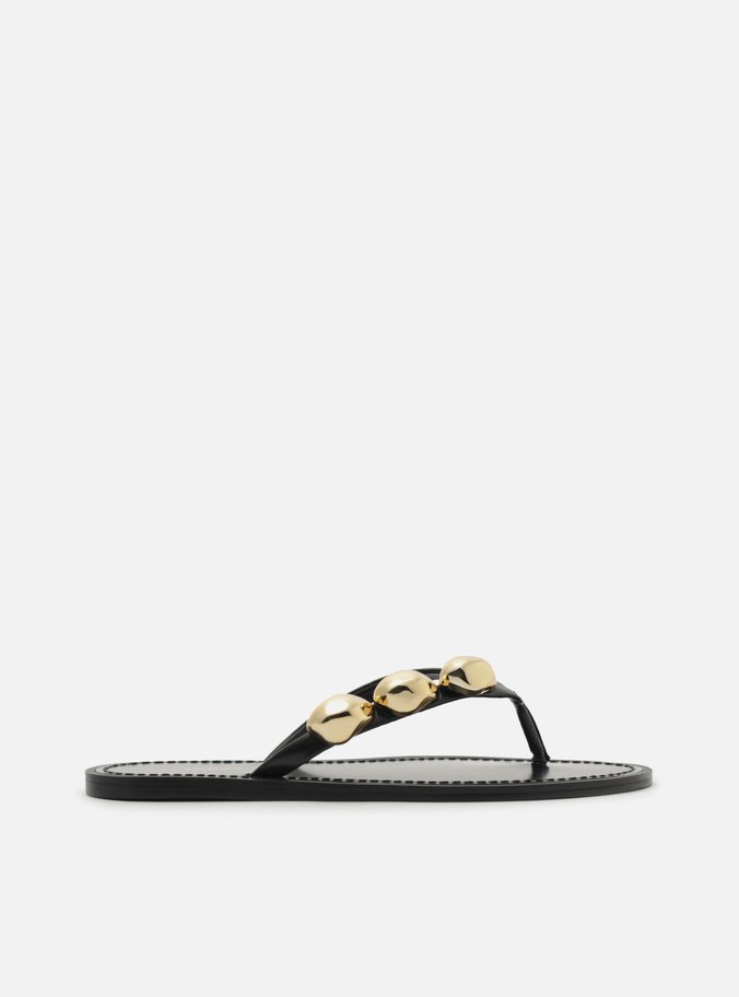 Rasteira Preta Couro Flip Flop Metais