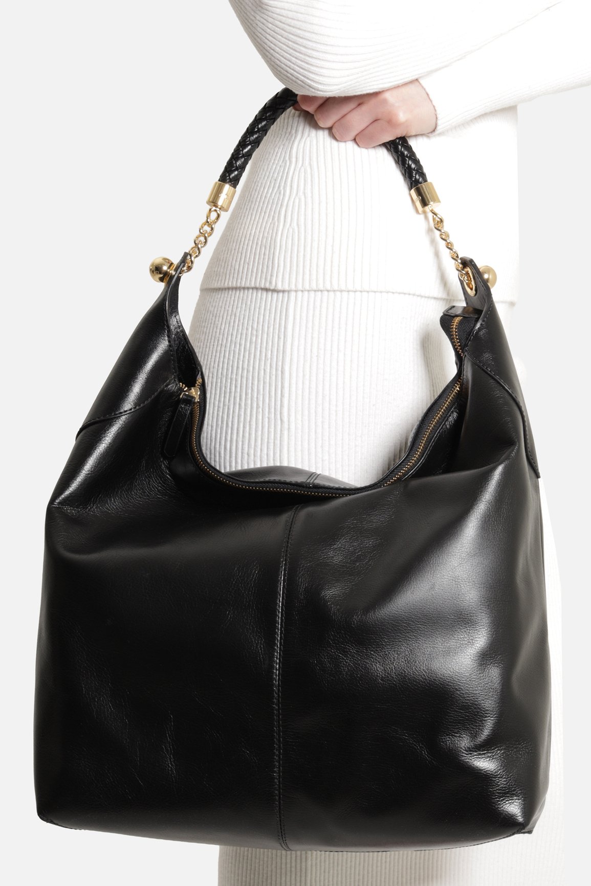 Bolsa Hobo Preta Couro Grande Tressê — foto 6