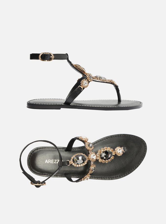 Rasteira Preta Couro Slim Maxi Pedraria Fivela