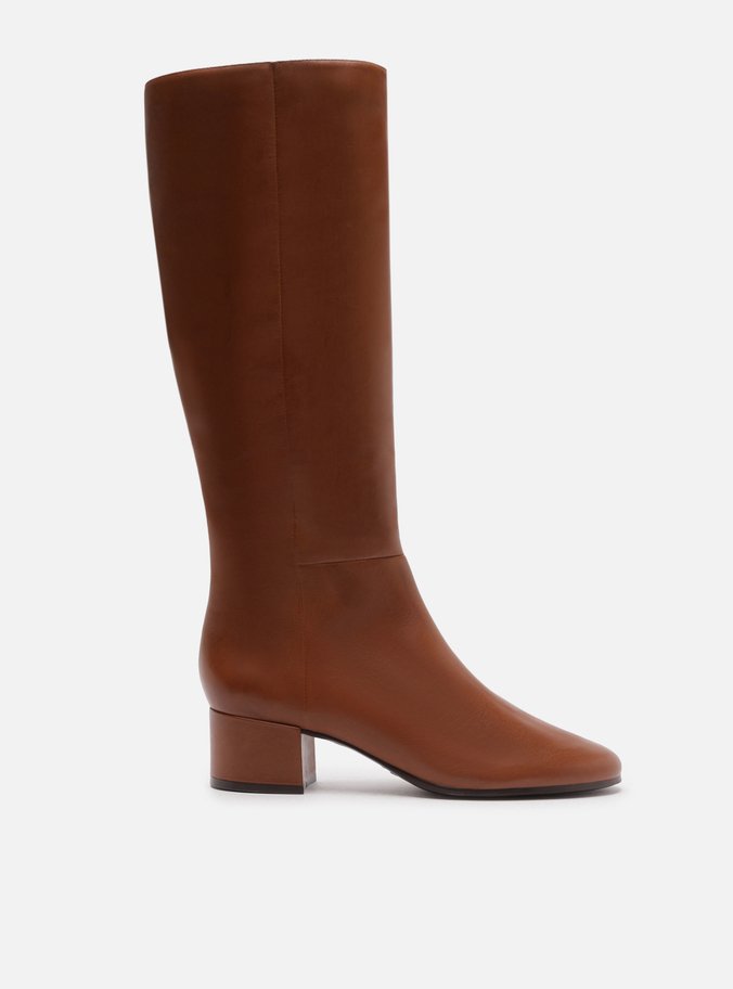 Bota Marrom Couro Cano Longo Salto Baixo Bloco