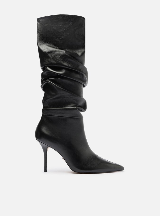 Bota Preta Couro Cano Longo Salto Alto Slouch