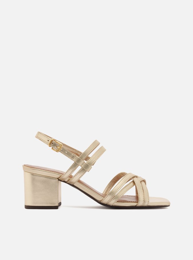 Sandália Dourada  Salto Bloco Metalizada Tiras