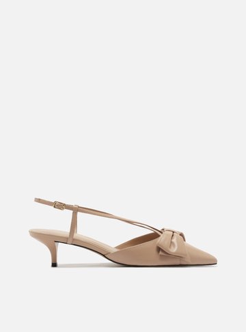 Scarpin Nude Couro Salto Fino Laço Slingback