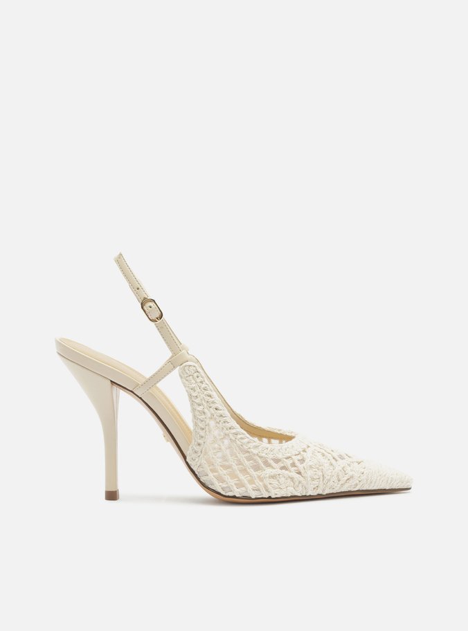 Scarpin Off White Bordado Salto Alto Fino Slingback