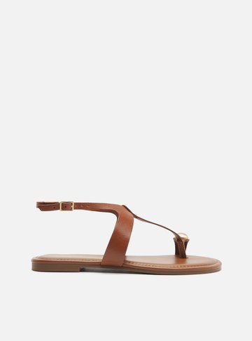 Sandália Rasteira Caramelo Couro Dedeira Metal