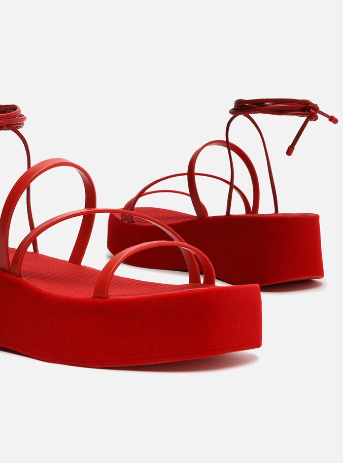 Sandália Vermelha Flatform Amarração Veludo Brizza