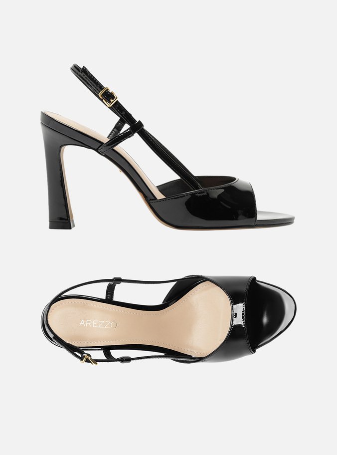Sandália Preta Verniz Salto Médio Slingback