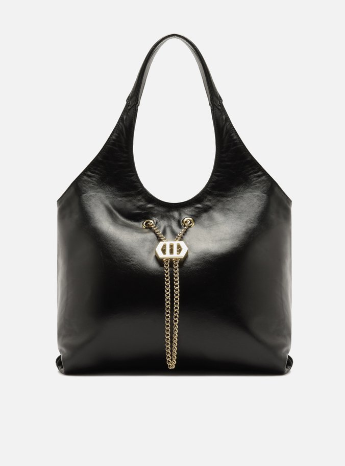 Bolsa Hobo Preta Couro Grande Corrente Dourada