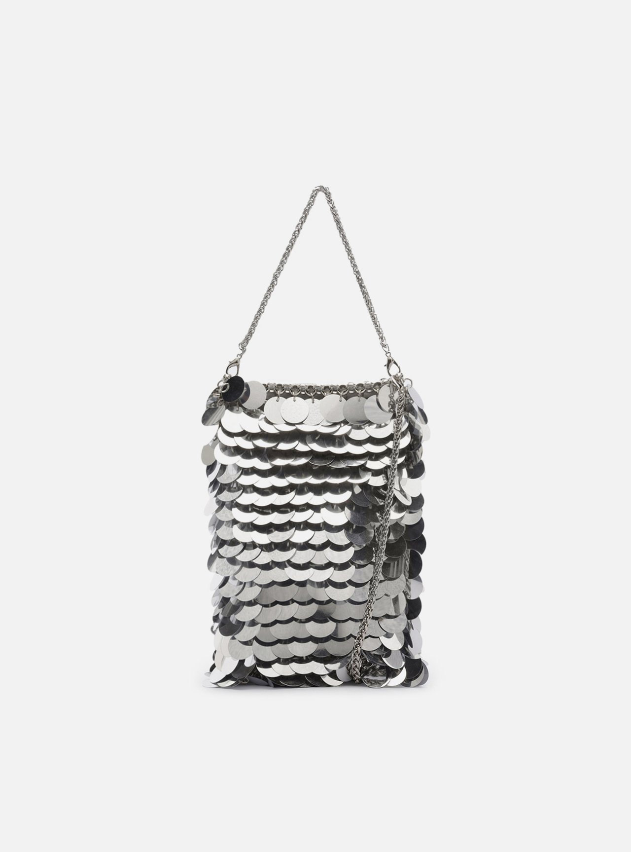 Mini Bag Prata Paetês Porta-Celular Corrente