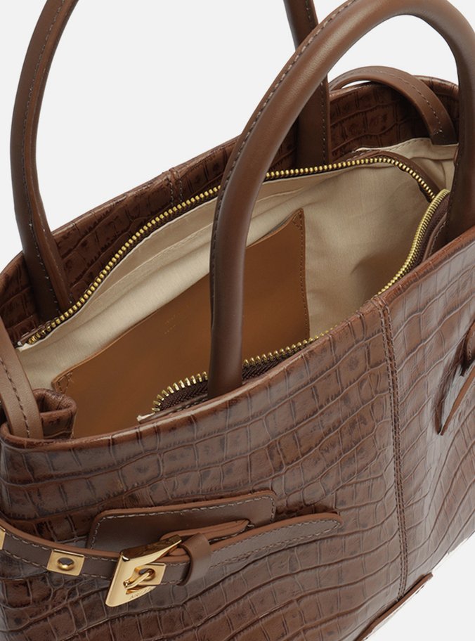 Bolsa Tote Marrom Couro Croco Grande Fivelas