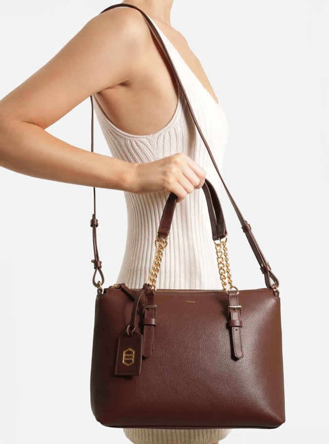 Bolsa Tote Marrom Couro Grande Alça Corrente