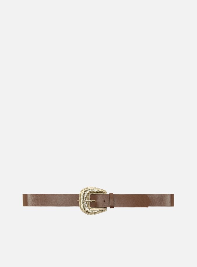 Cinto Marrom Couro Fivela Dourada Croco
