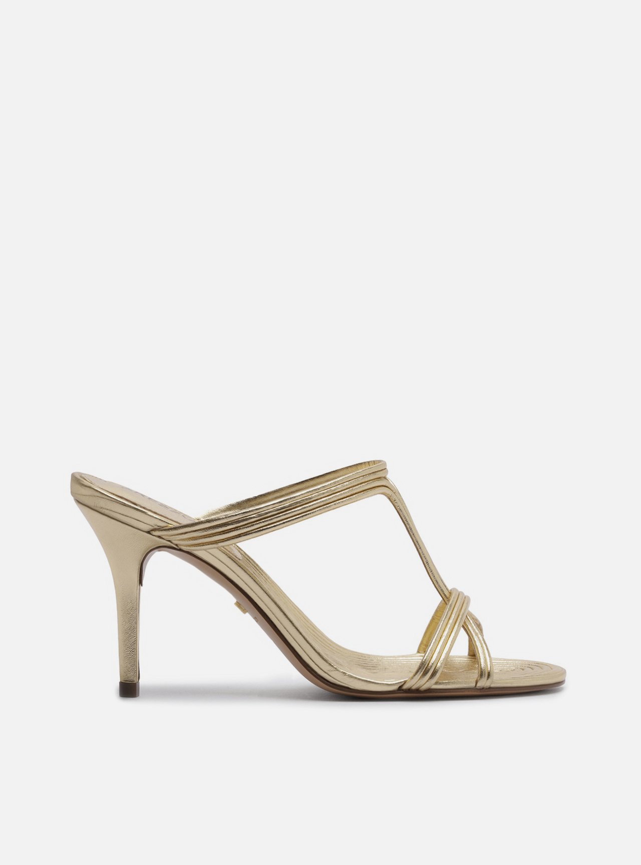 Sandália Dourada Salto Fino Tiras Textura — foto 1