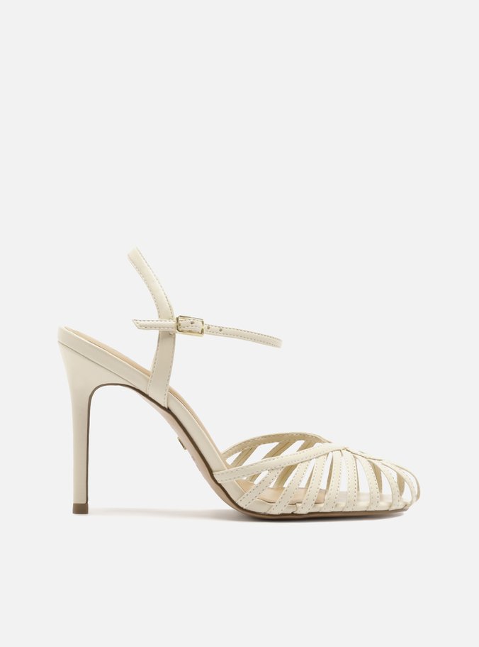 Sandália Off White Salto Alto Fino Tiras Finas