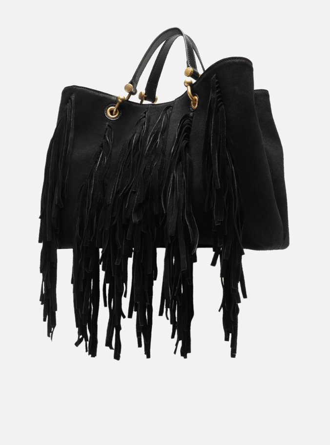 Bolsa Tote Preta Suede Grande Franjas