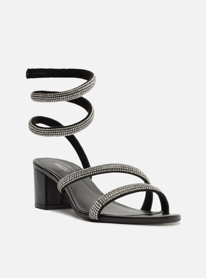 Sandália Preta Salto Bloco Espiral Strass Glam