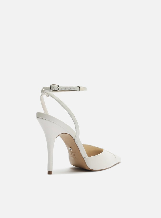 Scarpin Branco Couro Salto Alto Tira Metal