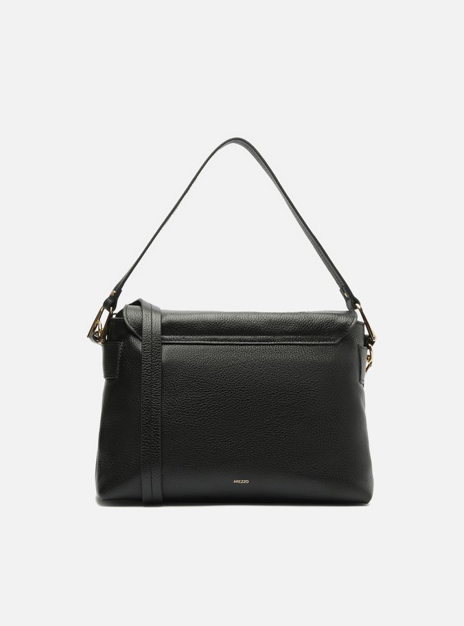 Bolsa Satchel Preta Couro Média Metal