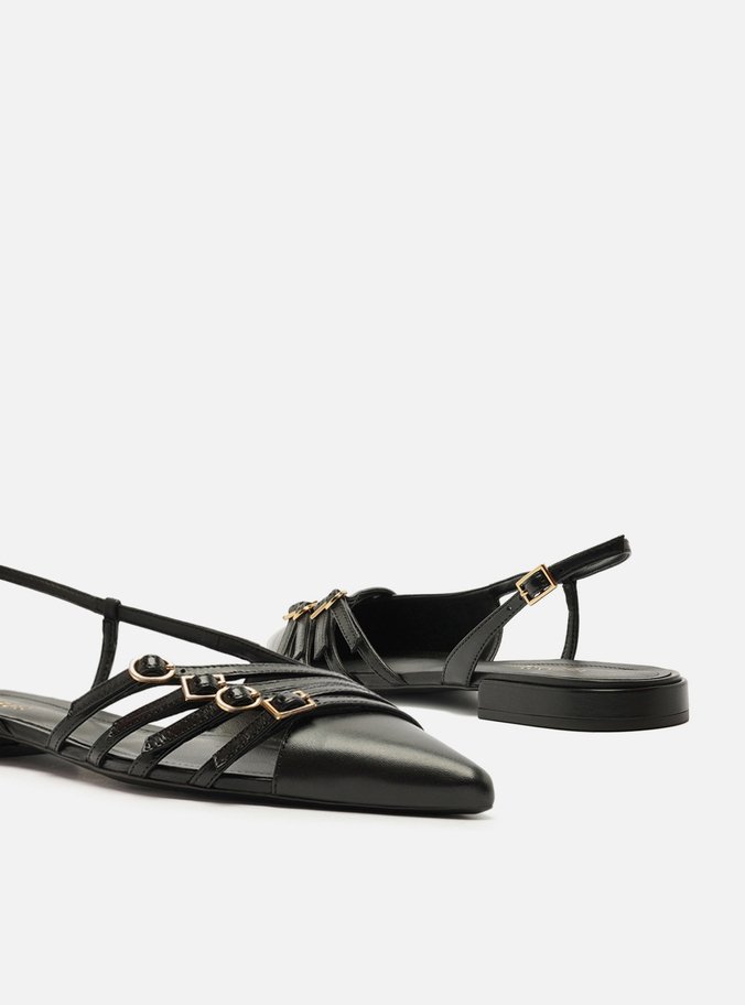 Sapatilha Preta Couro Slingback Tiras Fivelas