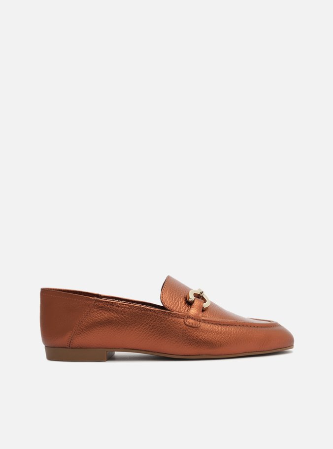 Mocassim Laranja Metal Couro Bridão Metálico Luma