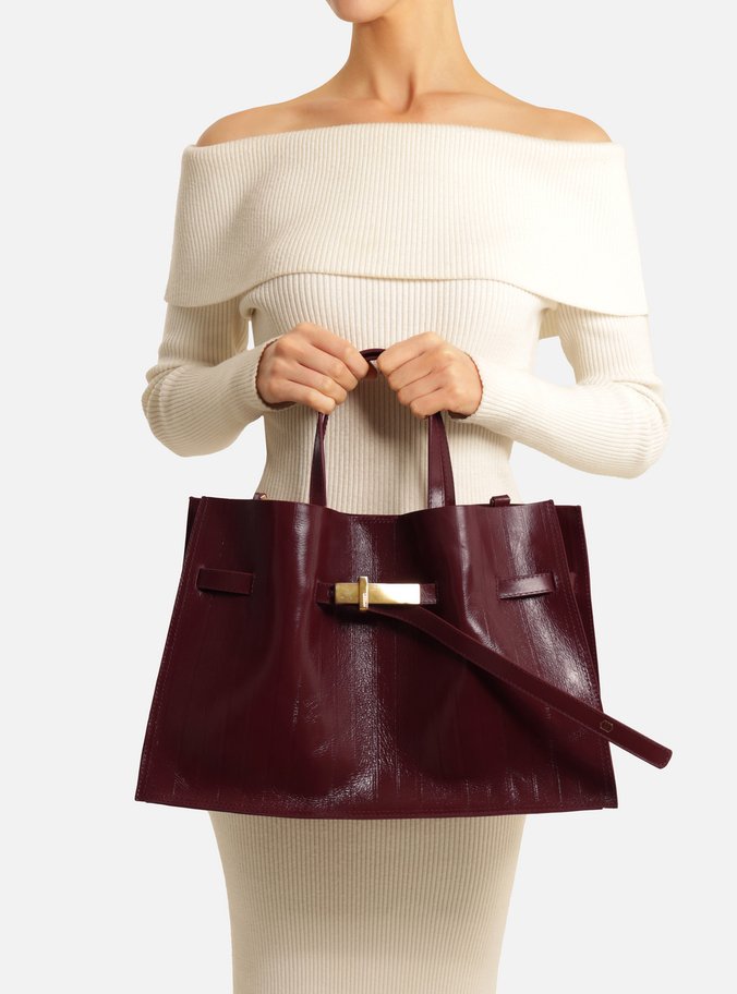 Bolsa Tote Bordô Couro Grande Tira Metal