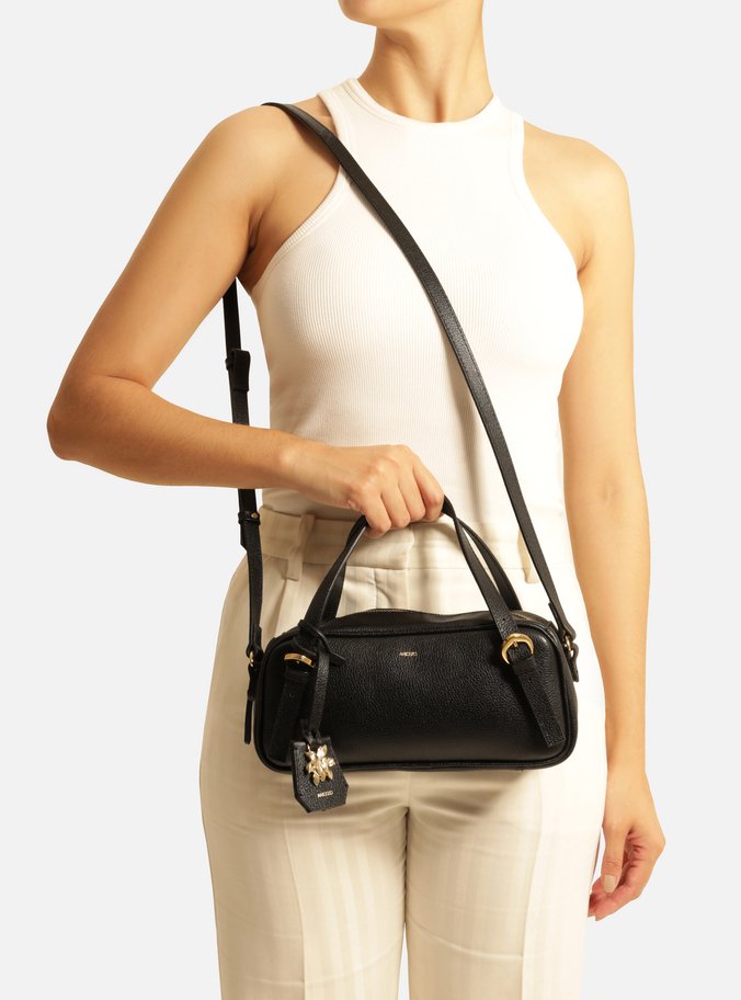 Bolsa Bowling Preta Couro Grande Metal Flor