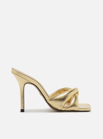 Mule Dourada Salto Alto Tiras Maxi