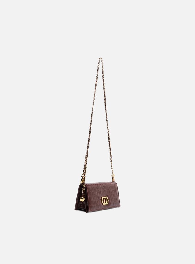 Clutch Vinho Couro Croco Pequena Metal