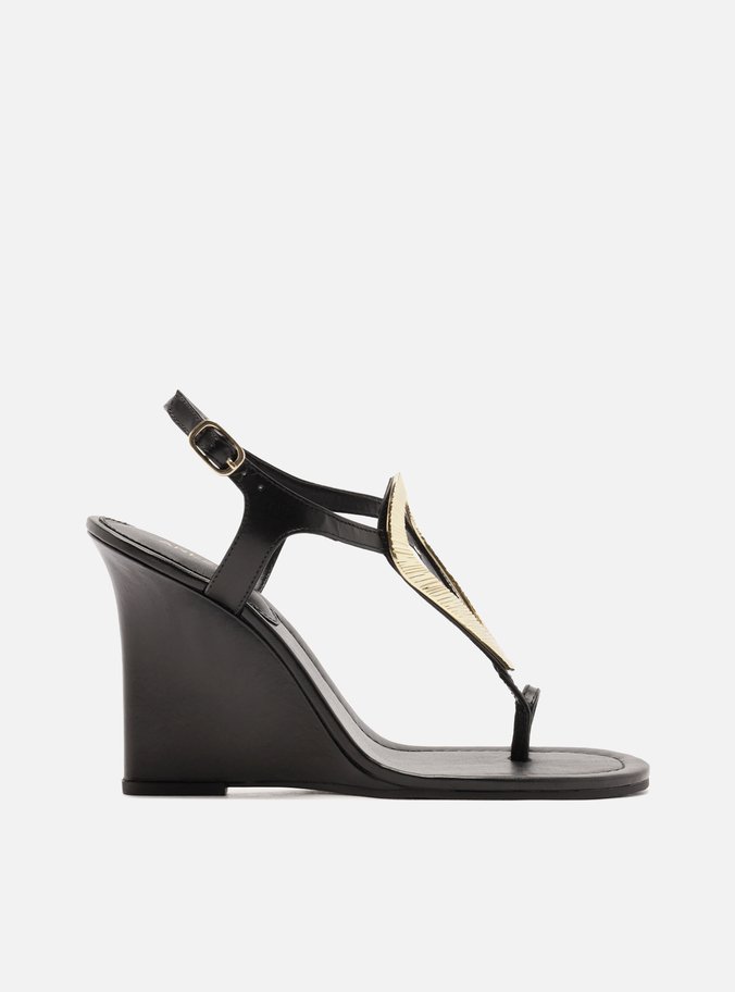 Sandália Preta Couro Anabela Metal Textura