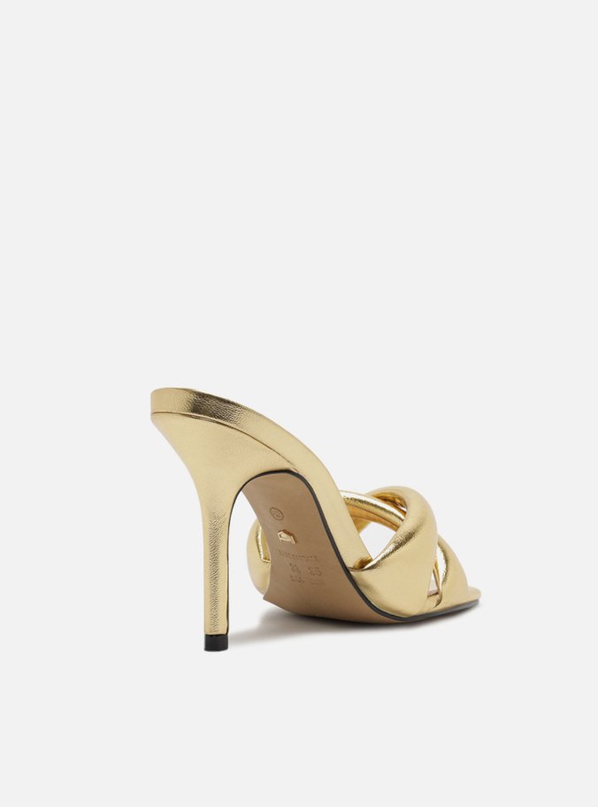 Mule Dourada Salto Alto Tiras Maxi