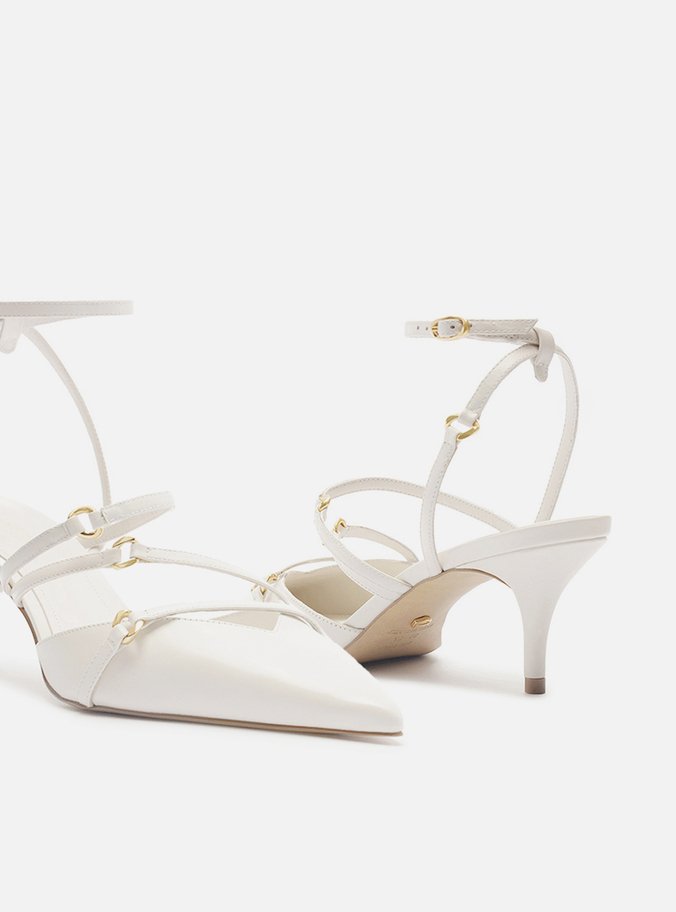 Scarpin Branco Couro Salto Kitten Tiras