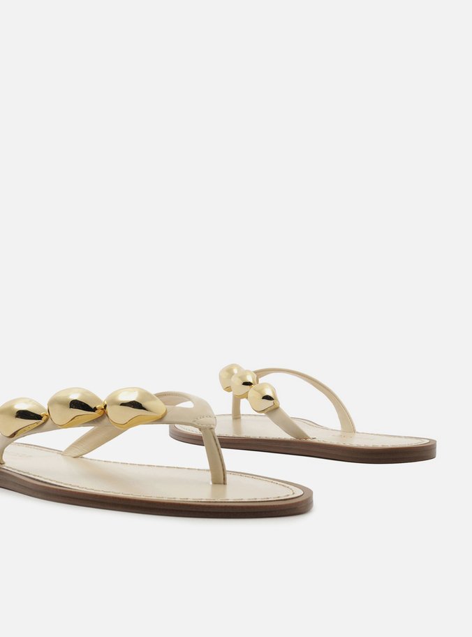 Rasteira Branca Couro Flip Flop Metais