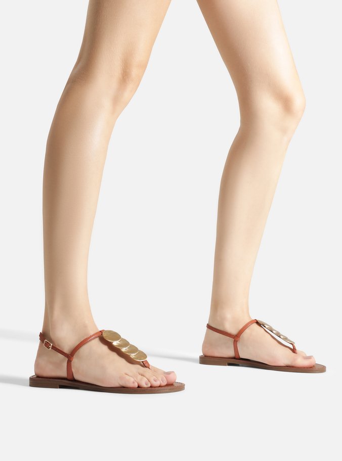 Sandália Rasteira Laranja Couro Slim Metais