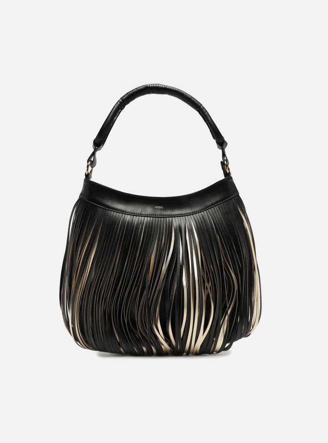 Bolsa Hobo Preta Couro Média Franjas Metalizada