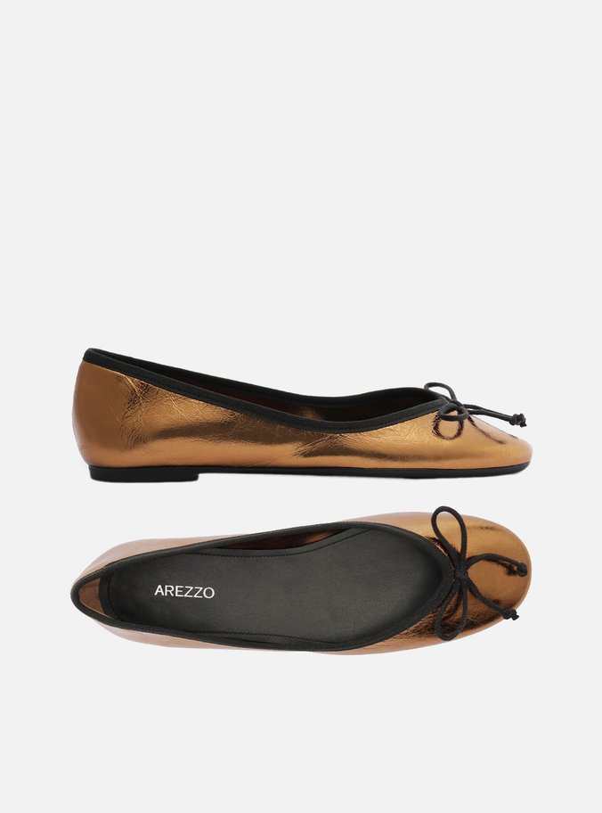 Sapatilha Bronze Couro Shiny Bico Redondo Laço