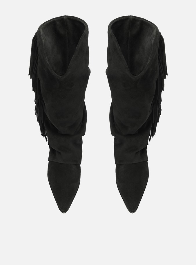 Bota Preta Suede Cano Alto Bloco Franjas