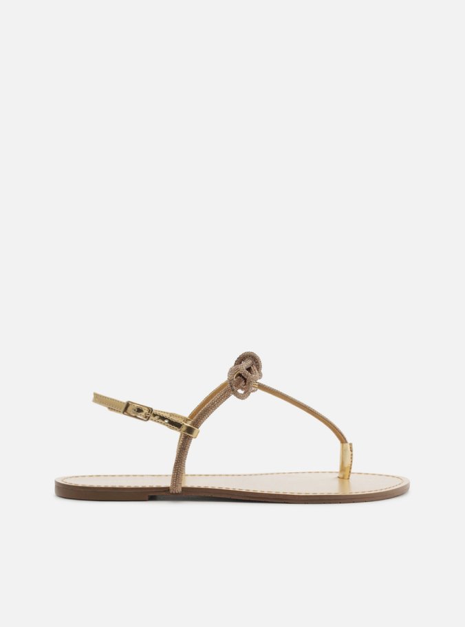 Sandália Rasteira Dourada Slim Laço Strass