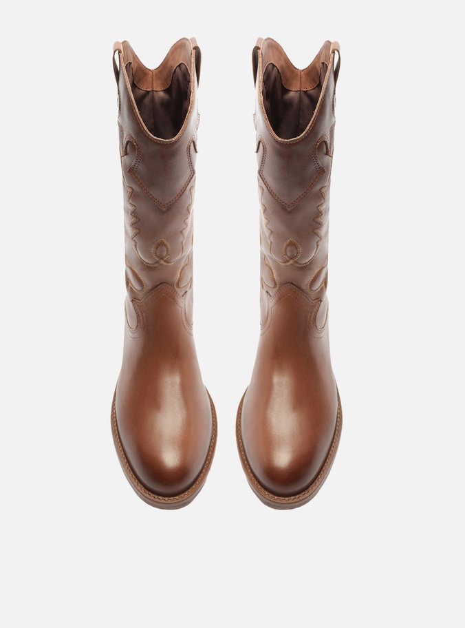 Bota Marrom Pecan Couro Cano Longo Bordado Western