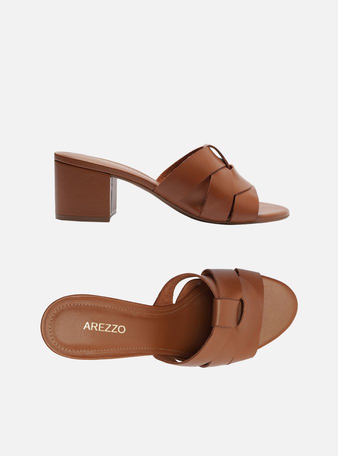 Mule Marrom Couro Salto Bloco Cabedal Tiras