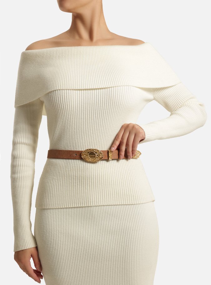 Cinto Marrom Couro Largo Fivela Oval Metal