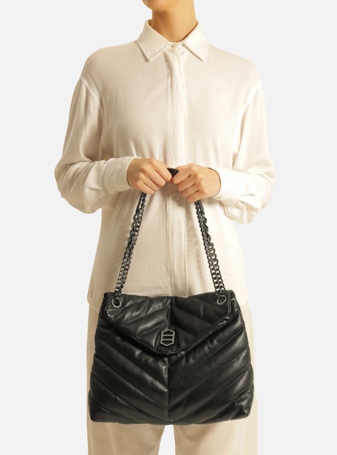 Bolsa Tiracolo Preta Couro Matelassê Grande