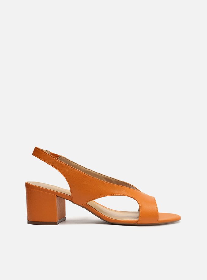 Sandália Laranja Couro Salto Médio Slingback