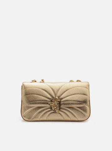 Bolsa Tiracolo Dourada Couro Média Metal Flor