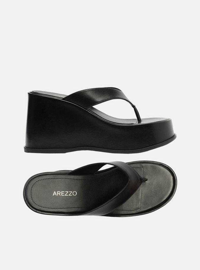 Tamanco Preto Couro Plataforma Thong