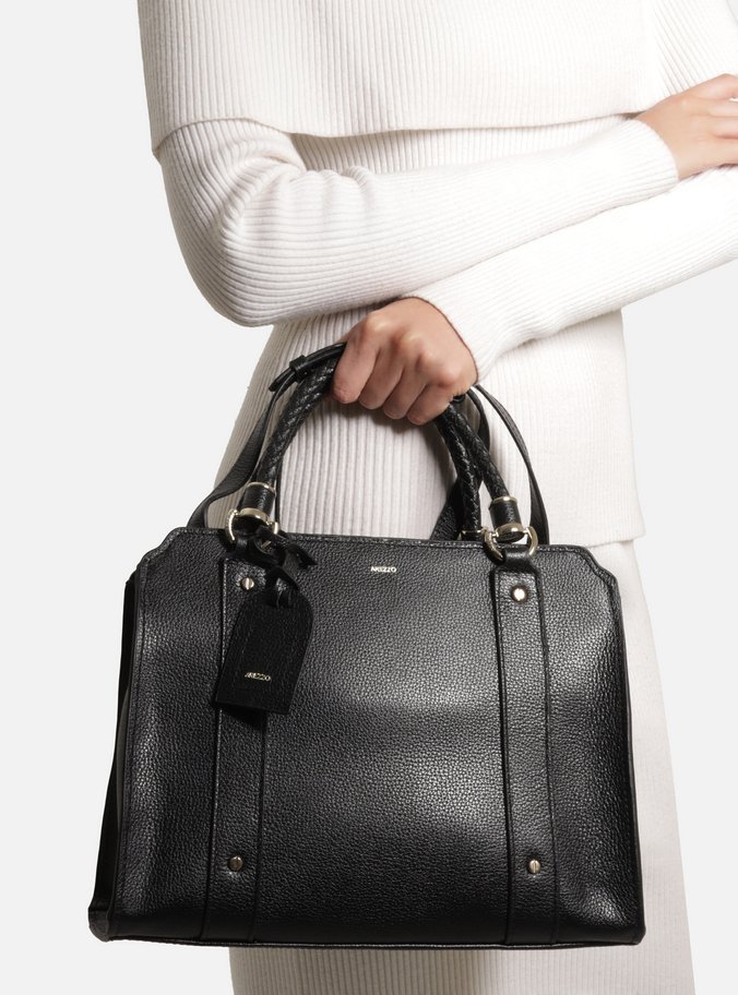 Bolsa Tote Preta Couro Grande Alça Trançada