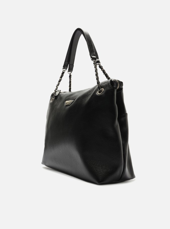 Bolsa Shopping Preta Couro Grande Metal